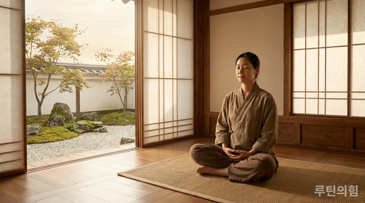 평화로운 공간에서 명상하며 멘탈을 관리하는 한국인