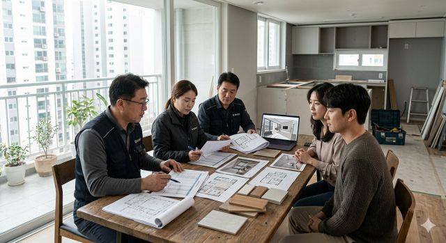 인테리어 견적 비교를 위해 여러 업체 견적서를 검토하는 실제 상담 장면