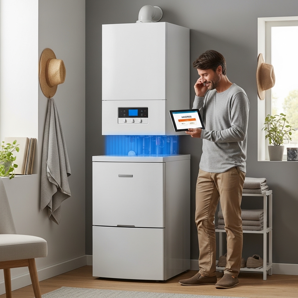 친환경 저녹스 보일러 옆에서 만족스럽게 미소 짓는 사람과 '절감' 문구가 표시된 태블릿, 에너지 효율 및 지원금을 상징하는 이미지