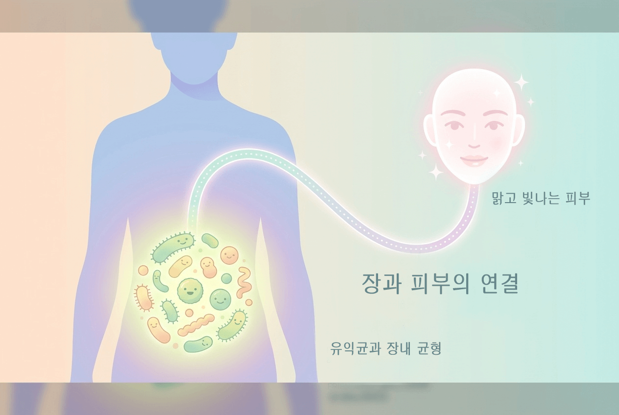 장내 유익균과 건강한 피부 아이콘이 서로 연결된 모습을 보여주는 장-피부 축 일러스트
