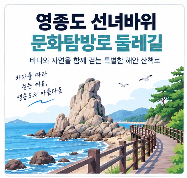 선녀바위와 바다 데크길 아이콘 위에 영종도 선녀바위 문화탐방로 둘레길 문구가 표시된 대표 이미지