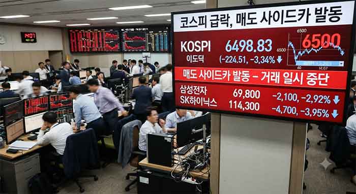 코스피 급락과 매도 사이드카 발동을 보여주는 증권가 전광판.