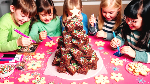 테이블에 여러 가지 색깔의 스프링클과 초콜릿 펜, 아이싱이 놓여있고, 아이들이 직접 구워진 브라우니를 크리스마스 트리처럼 꾸미는 모습, 완성된 알록달록한 트리 브라우니/쿠키들의 모습을 담은 사진
