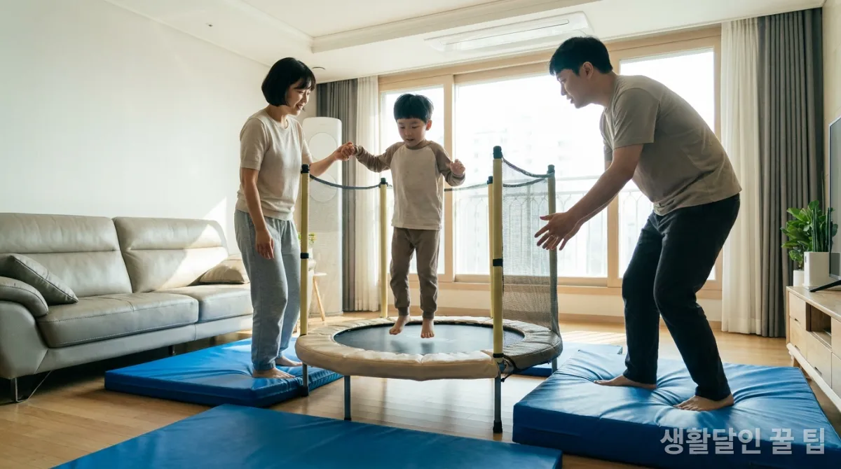 가족이 함께 실내 운동기구를 안전하게 사용하는 모습