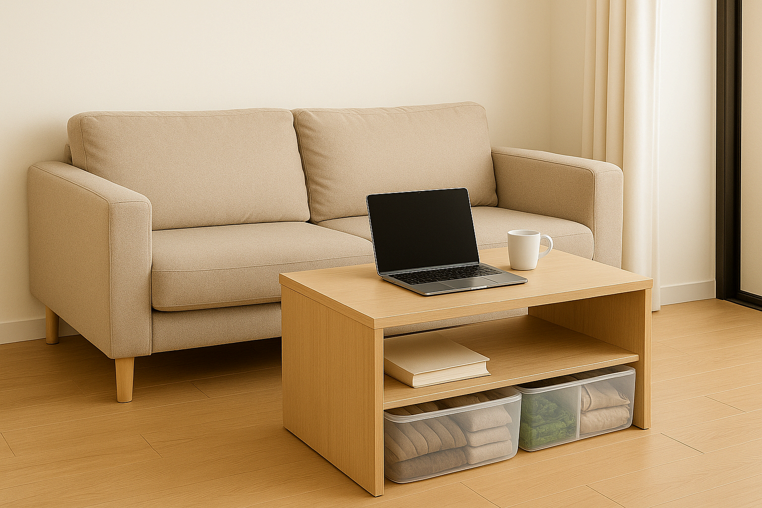 a원룸 수납형 테이블과 소파가 놓이고 테이블 위가 깔끔하게 정리된 모습
