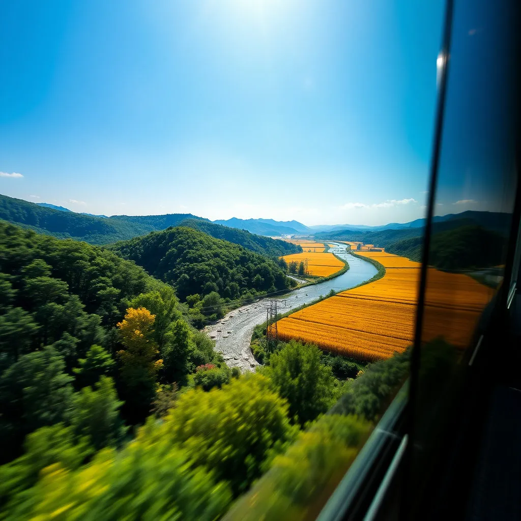 푸른 숲, 잔잔한 강, 황금빛 들판 등 기차의 속도감과 함께 시시각각 변하는 풍경을 담아, 여행의 다채로운 매력을 표현합니다. 계절감을 살린 풍경
