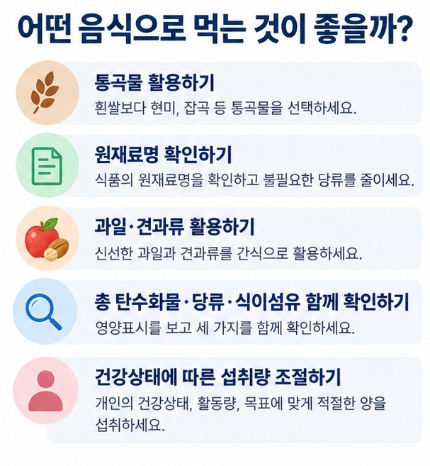 통곡물 선택 원재료명 확인 과일과 견과류 활용 영양표시 확인 개인별 섭취량 조절을 정리한 탄수화물 섭취 가이드 인포그래픽
