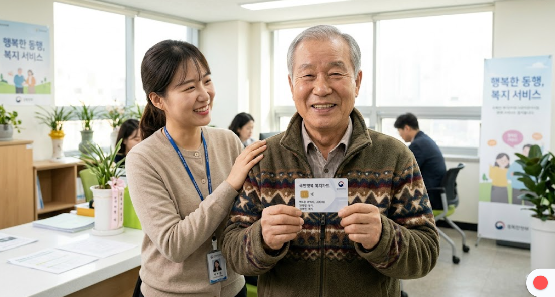 장애인 복지 카드를 들고 미소 짓는 어르신과 사회복지사