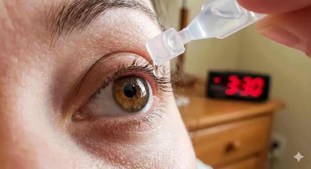 겨울철 안구건조증 예방을 위해 일회용 인공눈물을 점안하는 모습과 눈 운동 시간