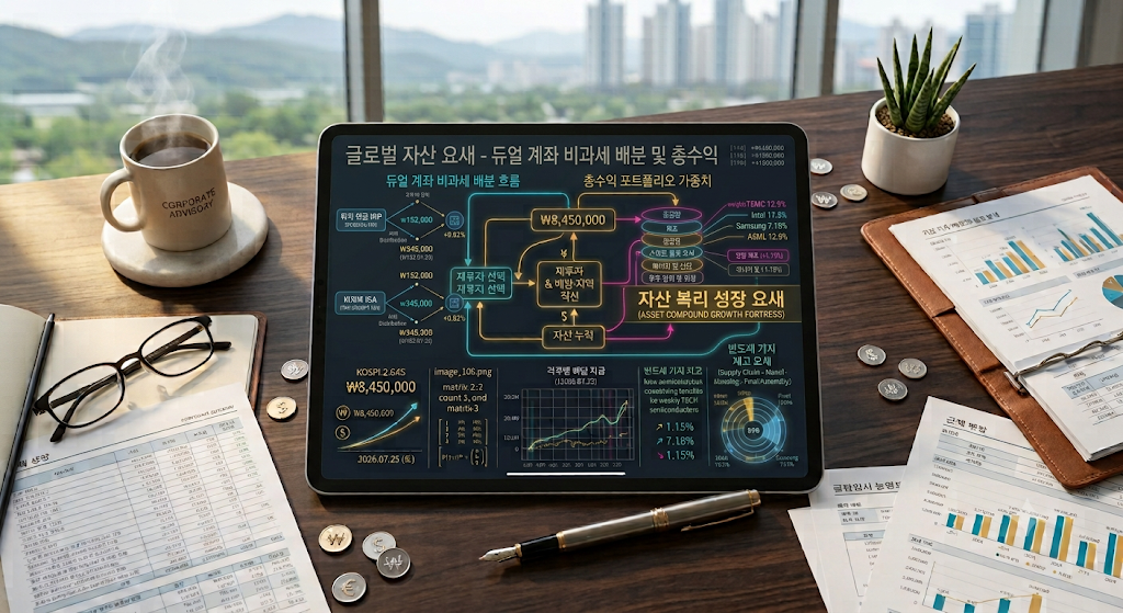 세련된 서재 테이블 위 태블릿 화면에 선명하게 정렬된 2억 원 은퇴 자금용 일반 계좌 비과세 + IRP 과세이연 듀얼 포트폴리오 구조도