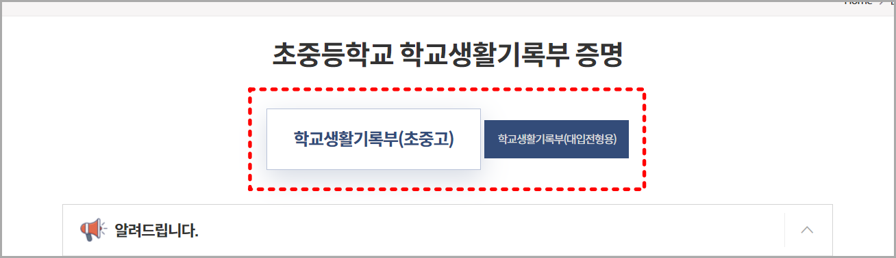 발급이 필요한 학교생활기록부의 종류를 선택