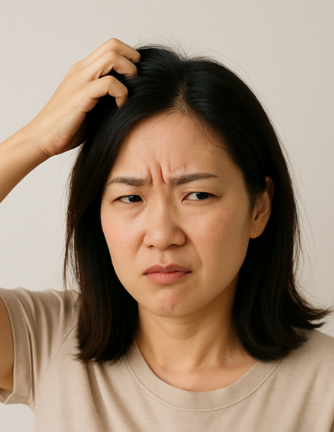 민감두피가 가려워서 두피를 긁고 있는 여성