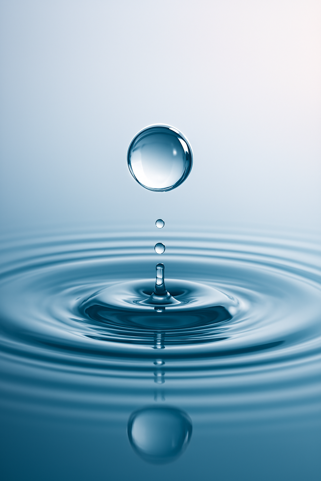 Macro photography of a single, crystal-clear water drop falling into a calm pool, creating perfect ripples. Pristine and transparent, high-end scientific aesthetic, soft blue and white lighting. Symbolizing pure data and precision.