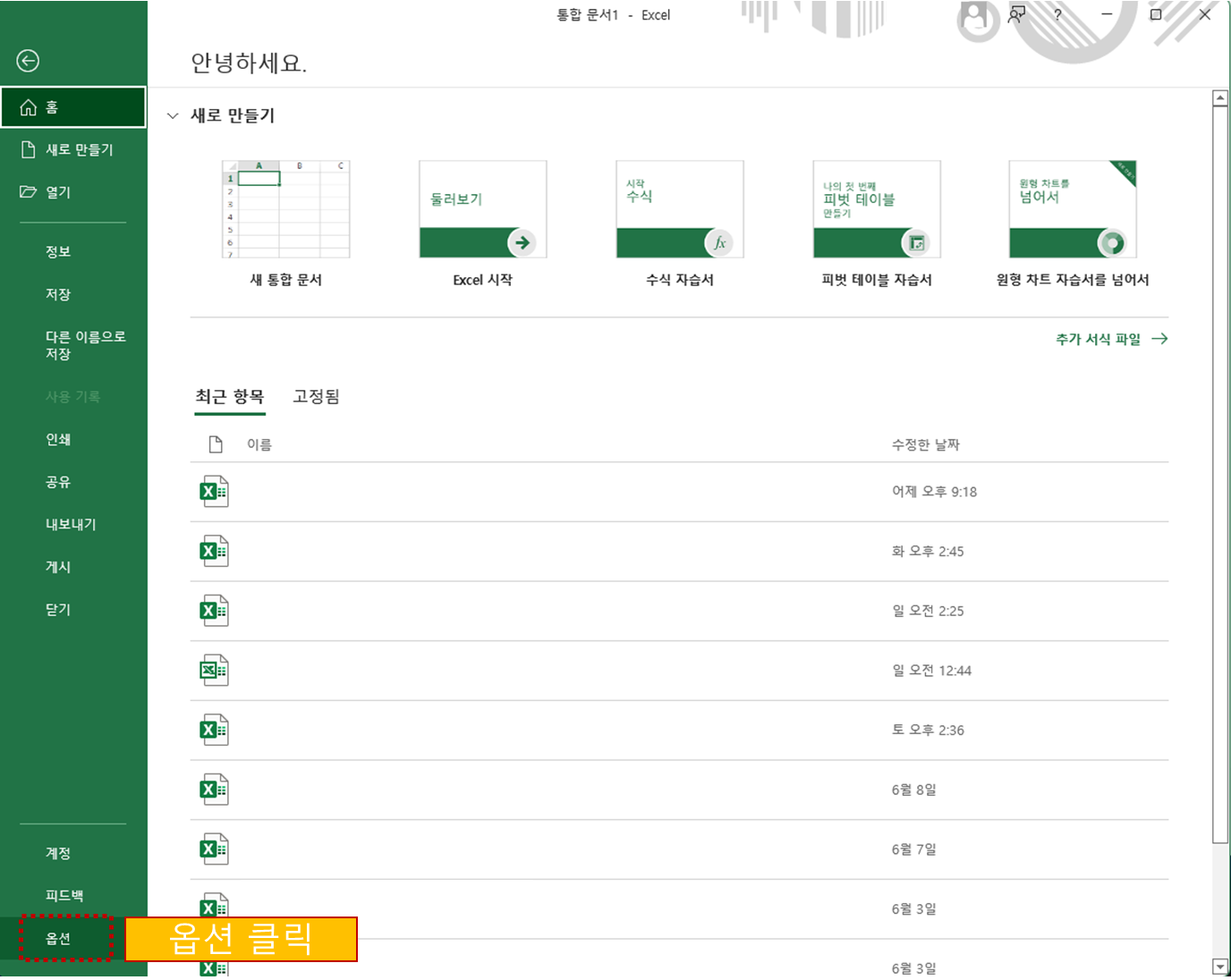 파일-옵션 창에서 옵션 선택