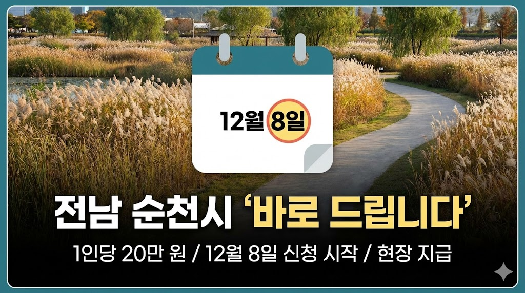 순천만 국가정원의 아름다운 풍경을 배경으로 사용하여 지역적인 분위기를 연출했습니다. 12월 8일을 강조한 달력 아이콘을 배치하여 신청 시작일을 명확히 알리고, 1인당 20만 원의 현장 지급 소식을 간결하고 명확하게 전달합니다.
