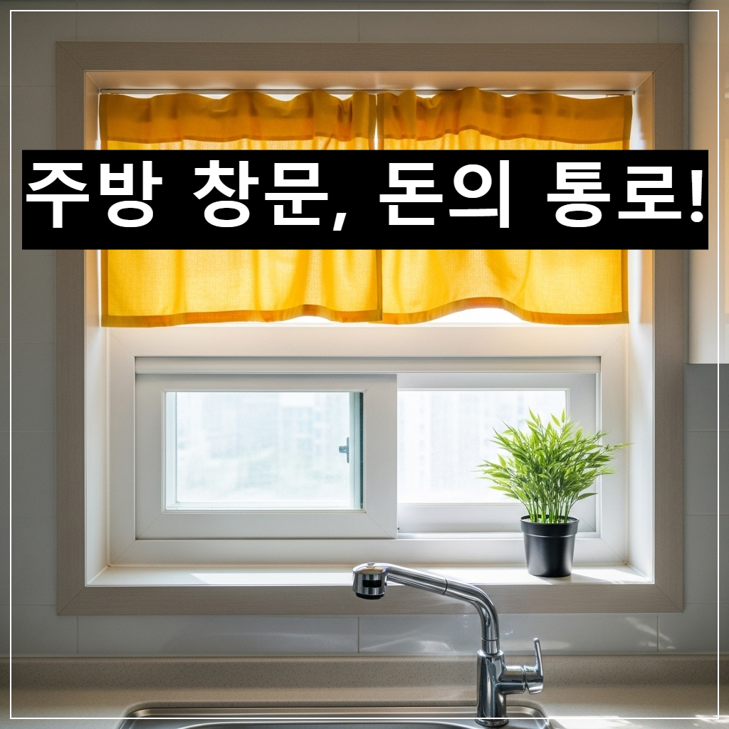 한국식 아파트 주방 싱크대 위 작은 창문이 활짝 열려있고 노란색 커튼이 바람에 날리며 햇살이 들어오는 밝고 깨끗한 모습