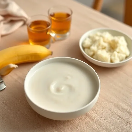 따뜻한 흰쌀죽을 중앙에 두고, 껍질 벗긴 바나나, 으깬 감자, 맑은 보리차 등이 조화롭게 배치된 정갈한 식탁 이미지를 보여줍니다. 전반적으로 부드럽고 따뜻한 색감으로 안정감을 줍니다.