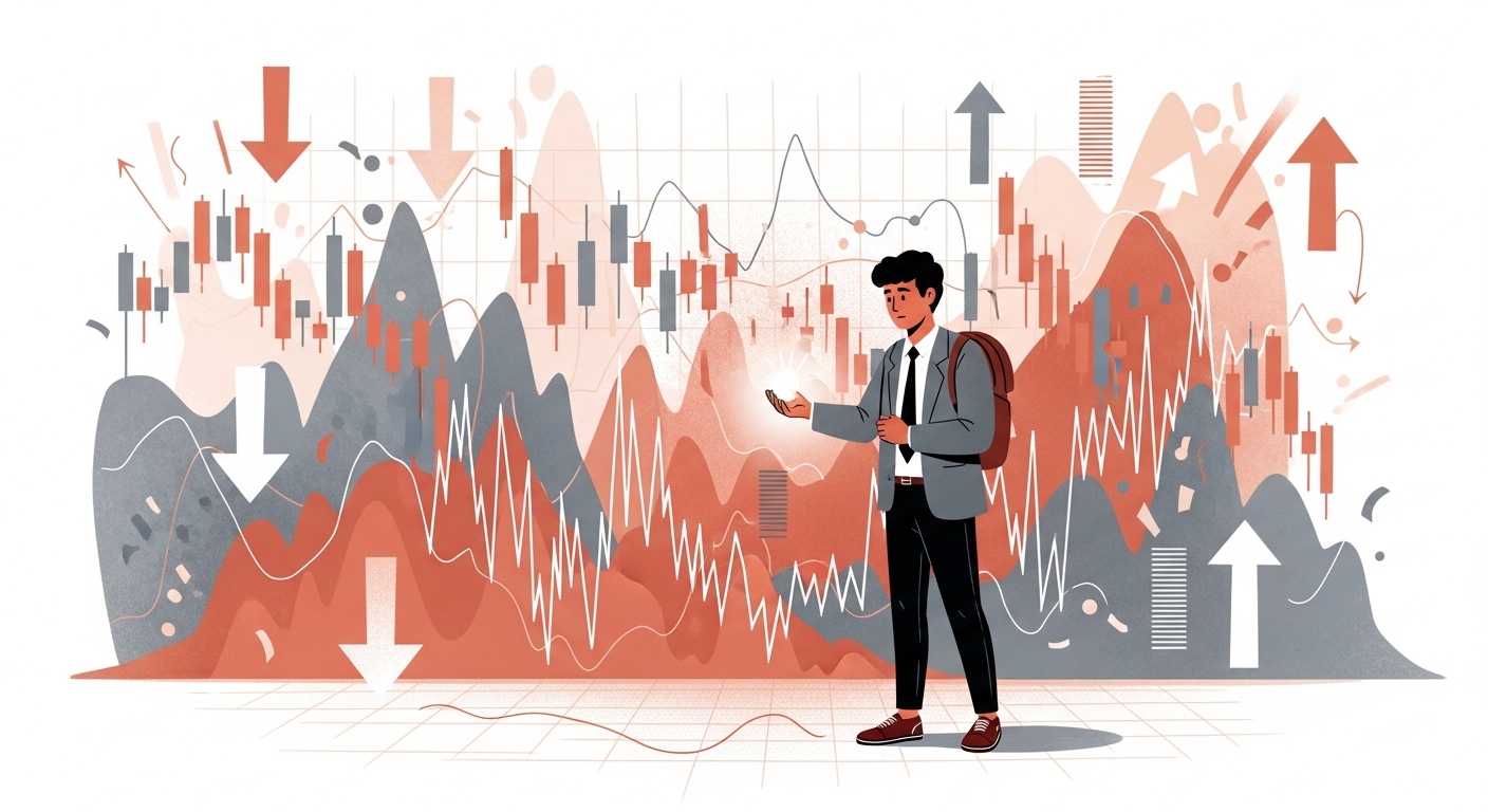 주식 시장의 변동성 속에서 침착하게 멘탈을 관리하는 초보 투자자의 모습. 심리적 안정과 투자 원칙의 중요성을 상징.