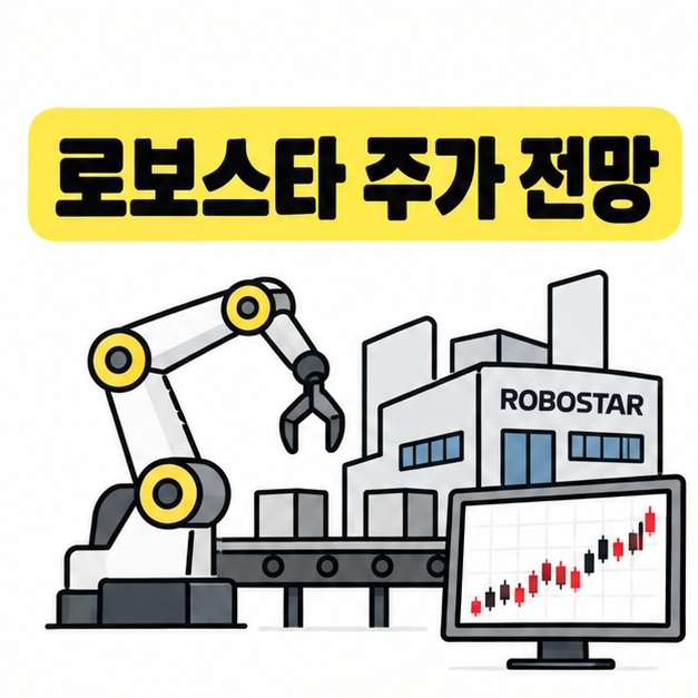 로보스타 주가 전망 제목과 산업용 로봇, 주식 차트를 함께 보여주는 그림