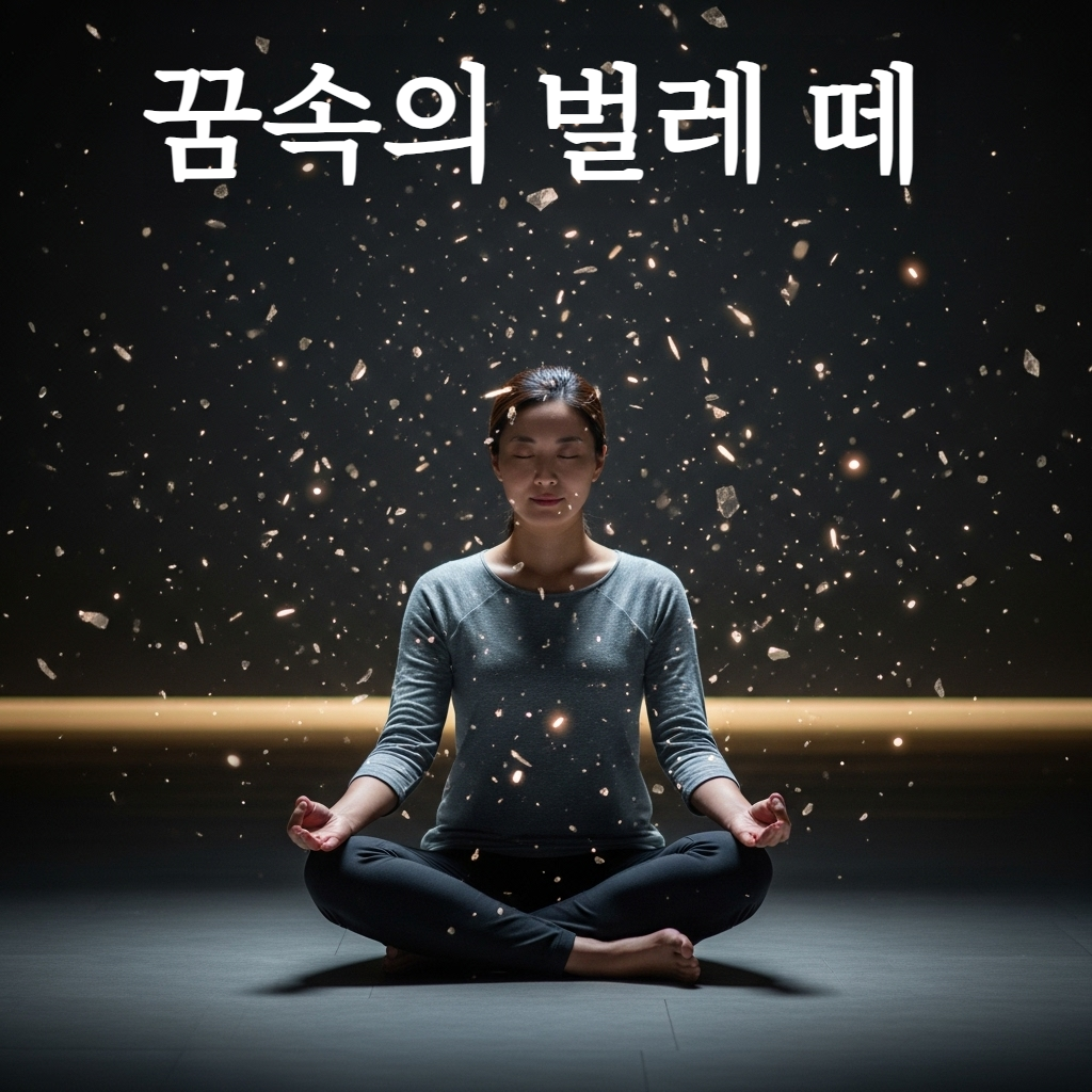 어두운 방 안에서 수많은 작은 빛의 파편들이 벌레 떼처럼 흩어지는 가운데 그 중심에서 평온하게 명상하며 내면의 질서를 잡아가고 있는 현대적인 한국인 여성의 모습