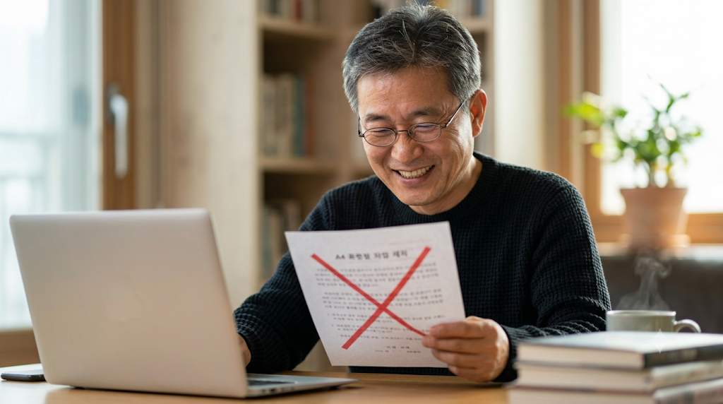 'ISA 5년 제한'이라고 적힌 종이에 크게 X 표시가 그어져 있고 그 앞에서 안도하는 표정의 50대 남성