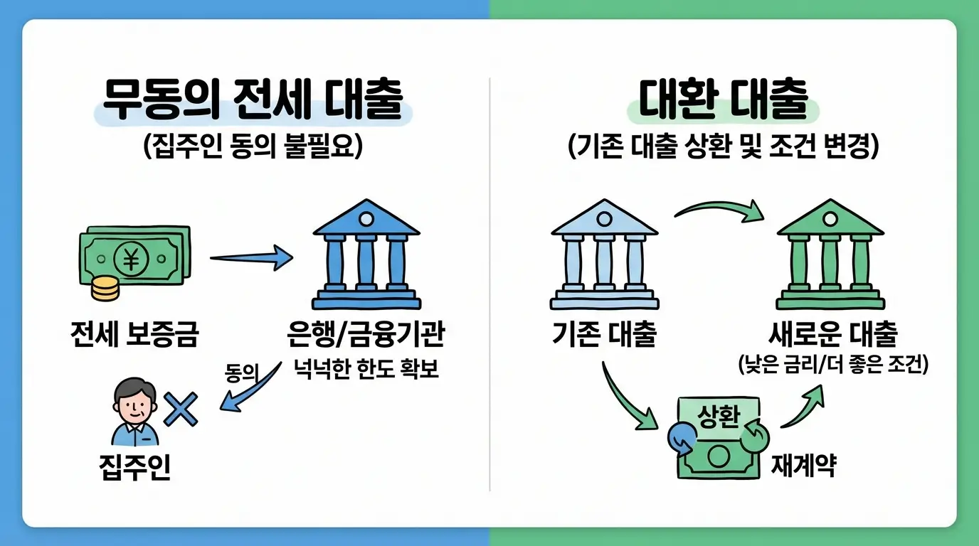 집주인 동의 없이 전세 보증금을 활용하여 넉넉한 한도를 확보하는 무동의 대출 및 대환 대출의 개념도