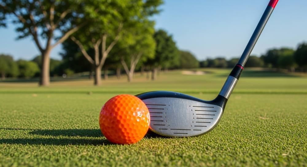 필드에 골프채와 골드공 올라와있는 사진