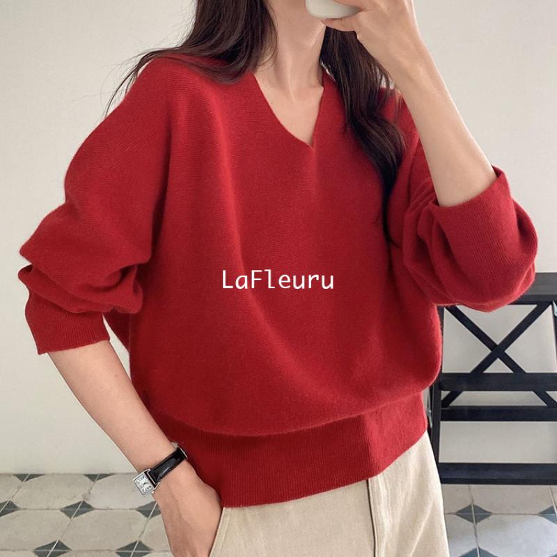 홀가먼트니트 레드니트 브이넥 긴팔 여성 울 캐시미어 니트