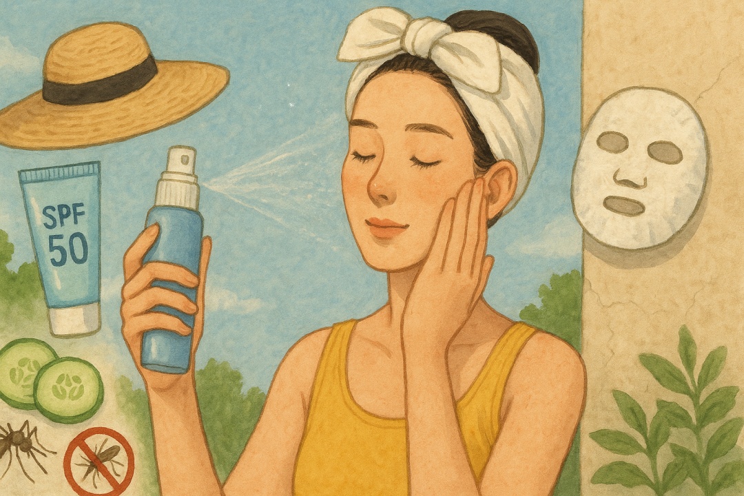여름철 스킨케어를 실천하는 젊은 여성의 일러스트, 미스트를 얼굴에 뿌리며 선크림, 시트마스크, 오이 조각 등이 함께 표현된 장면