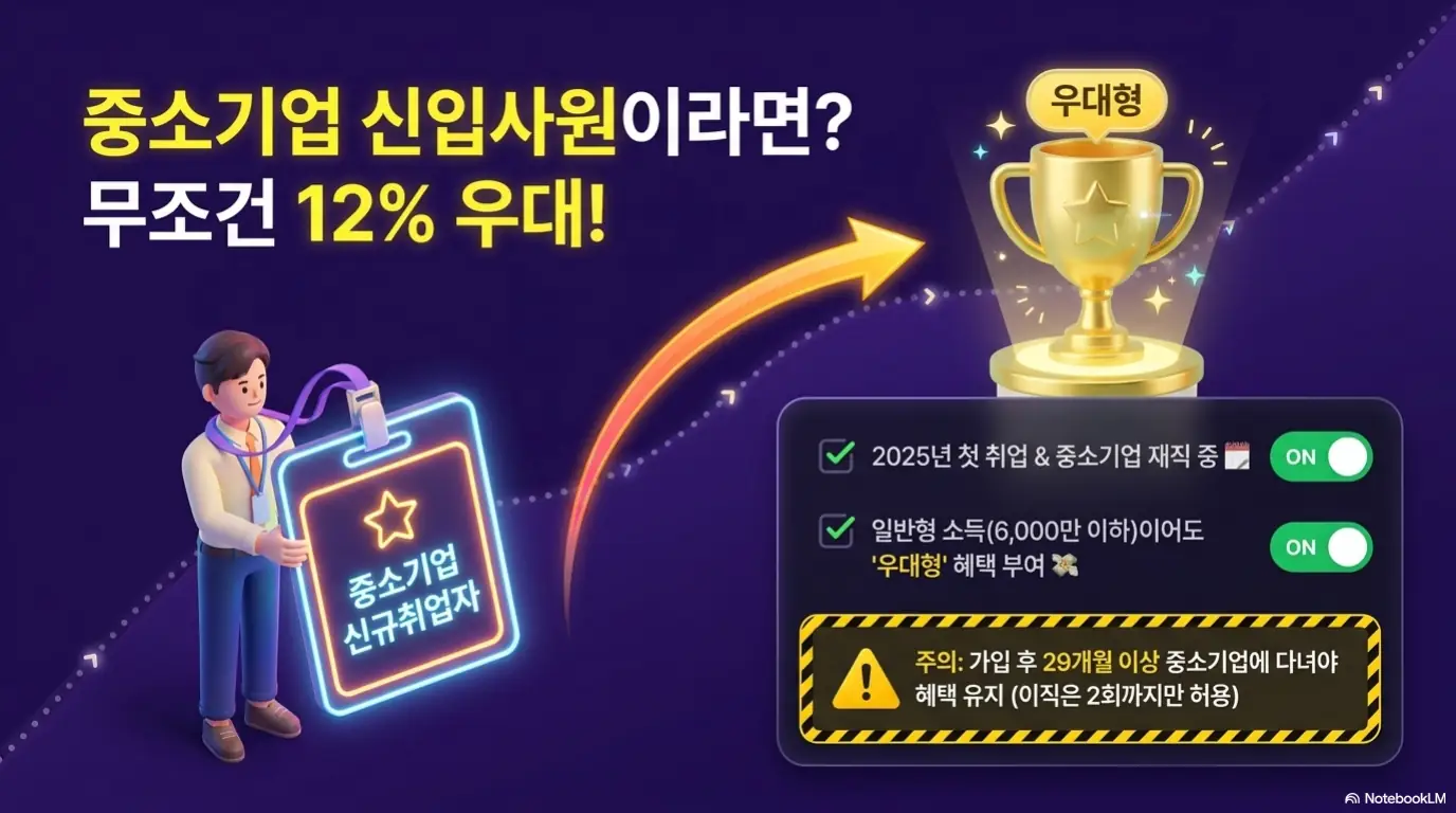 청년미래적금 가입조건: 청년미래적금 중소기업 신규취업자는 우대형 12%를 받을 수 있음을 보여주는 이미지. 2025년 첫 취업 후 중소기업 재직 중이면 일반형 소득이어도 우대형 혜택이 부여되며 가입 후 29개월 이상 재직과 이직 2회 이하 유지 조건이 붙음을 안내한다.