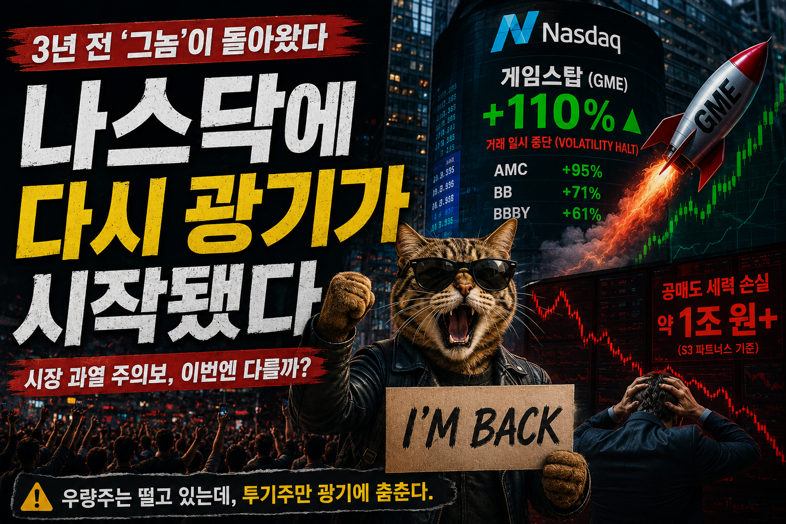 3년 만에 돌아온 포효하는 키티와 게임스탑 폭등을 표현한 미국 증시 과열 이미지