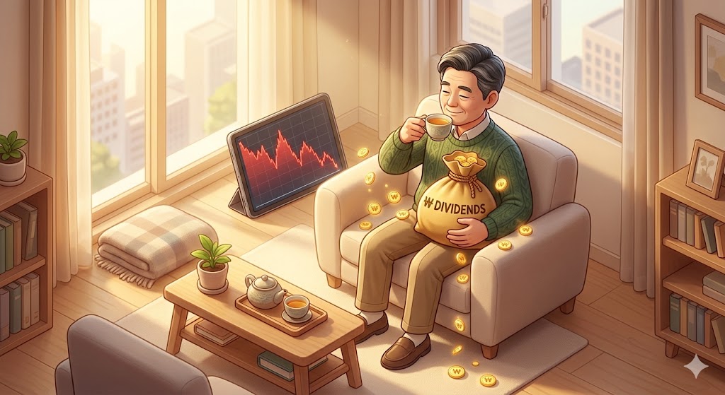 불타는 주식 차트 옆에서 여유롭게 배당 주머니를 챙기는 아빠의 모습