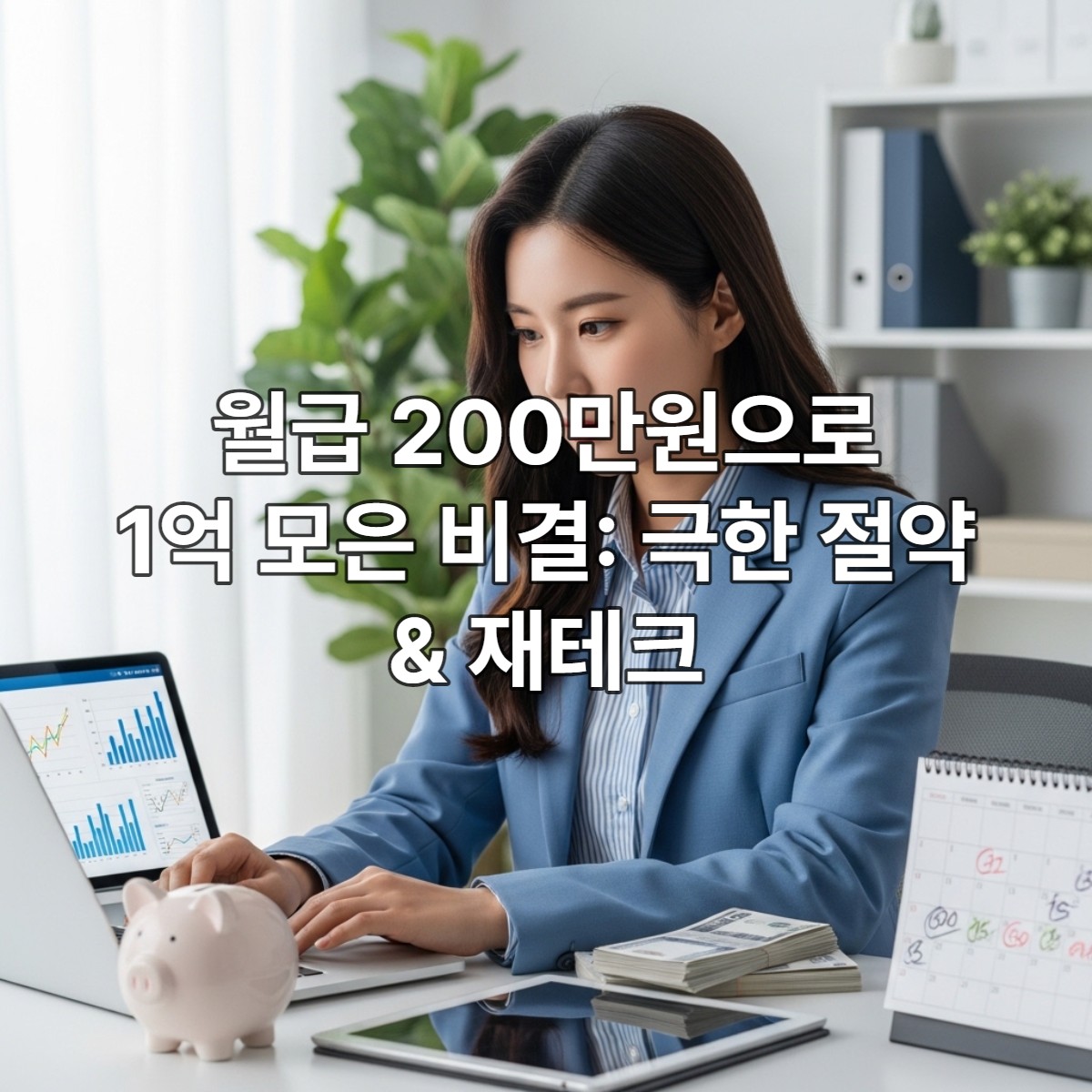 월급 200만원으로 1억 모으기를 목표로 노트북으로 가계부를 쓰고 투자 차트를 분석하는 한국 직장인 여성의 모습. 절약과 재테크에 대한 굳은 의지가 느껴진다.