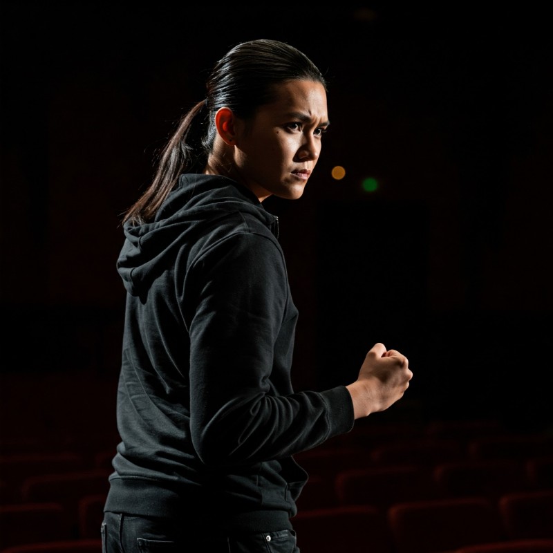 환한 조명 아래 무대를 향해 걸어가는 사람의 뒷모습. 오른손을 꽉 쥔 모습에서 비장한 각오가 느껴진다.