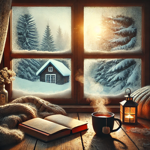 창 밖의 겨울 풍경이 보이는 실내 책상 모습