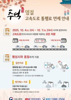 추석 도로 통행료 면제 날짜 확인