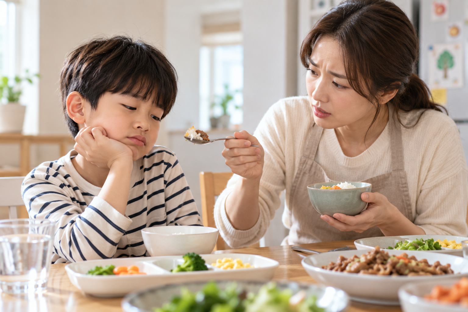 밥을 잘 먹지 않는 남자아이에게 식사를 권하며 걱정하는 엄마의 모습