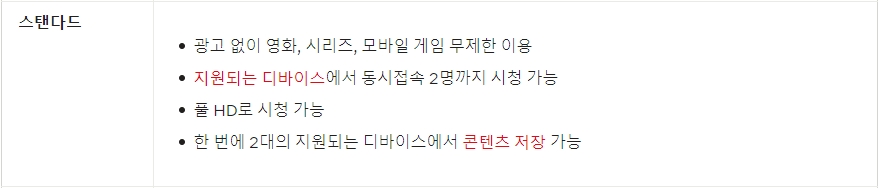 스탠다드 요금제 세부 정보