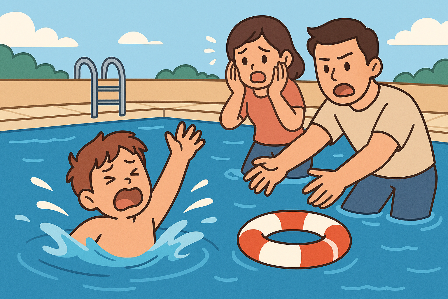 수영장이나 바닷가에서 아이가 물에 빠지고 보호자가 당황하는 장면