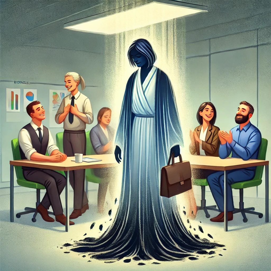 Here is the image representing a person in a work environment, shedding the old self filled with pride and jealousy, and embracing humility and love. The scene reflects the transformation towards a more peaceful, humble, and supportive relationship with colleagues.