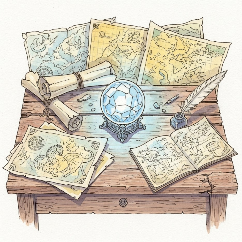 신비로운 빛을 내는 수정구와 고지도의 조화