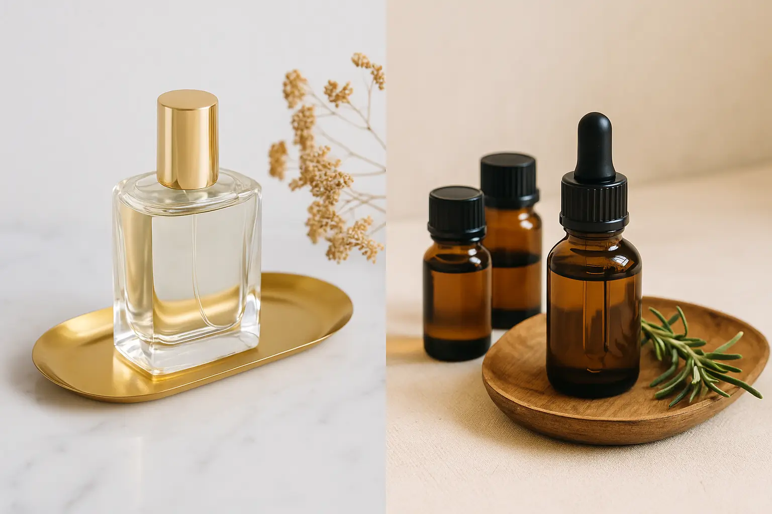 A side-by-side photo of a clear perfume bottle on a golden tray and several amber essential oil bottles on a wooden tray with rosemary, symbolizing the contrast between perfume and essential oils.