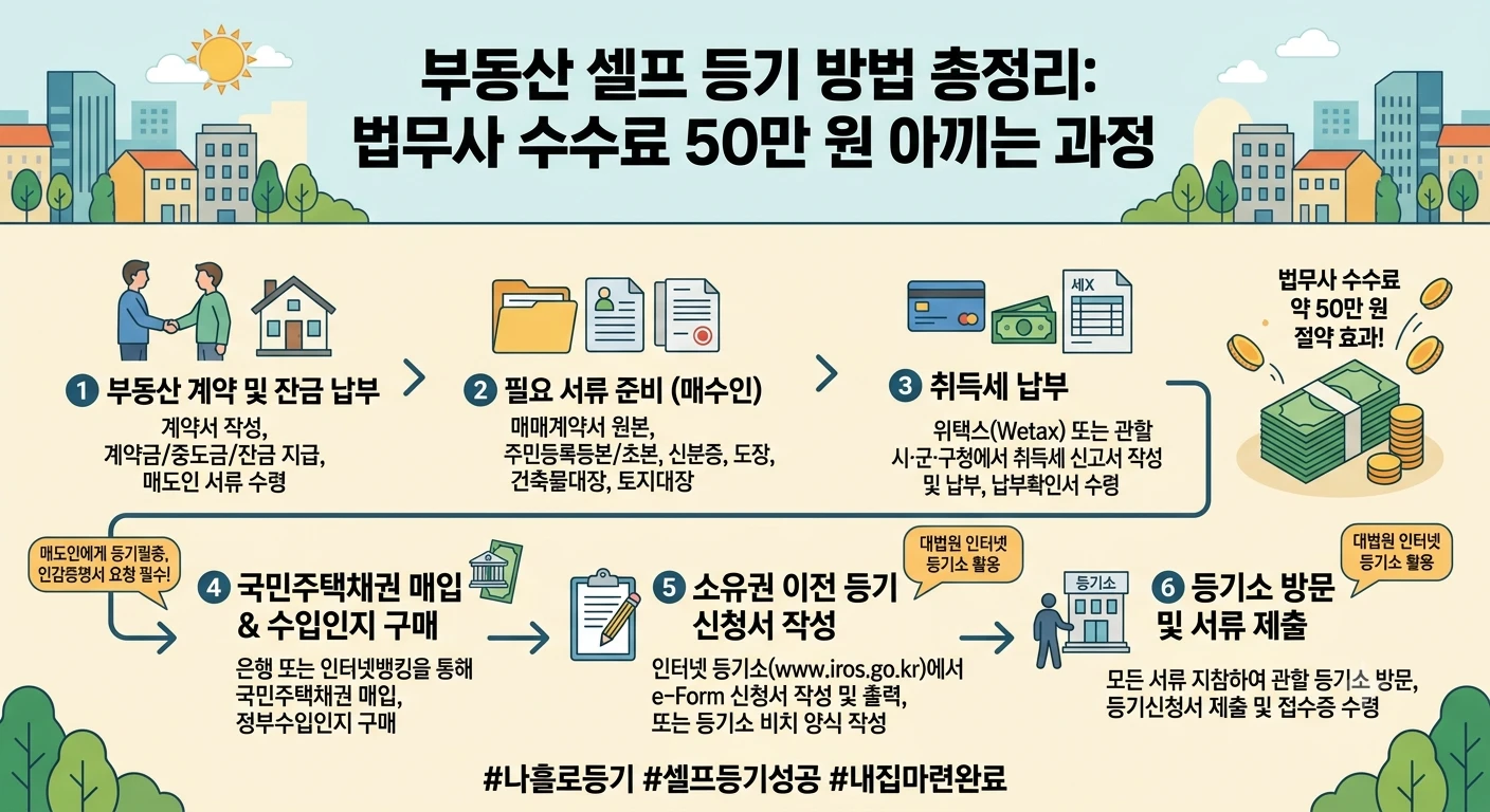 부동산 셀프 등기 방법 총정리: 법무사 수수료 50만 원 아끼는 과정 정리표(ai이용한 이미지)