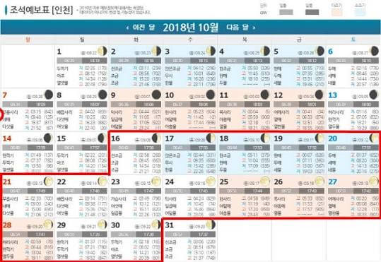 10월 동해안 물때표