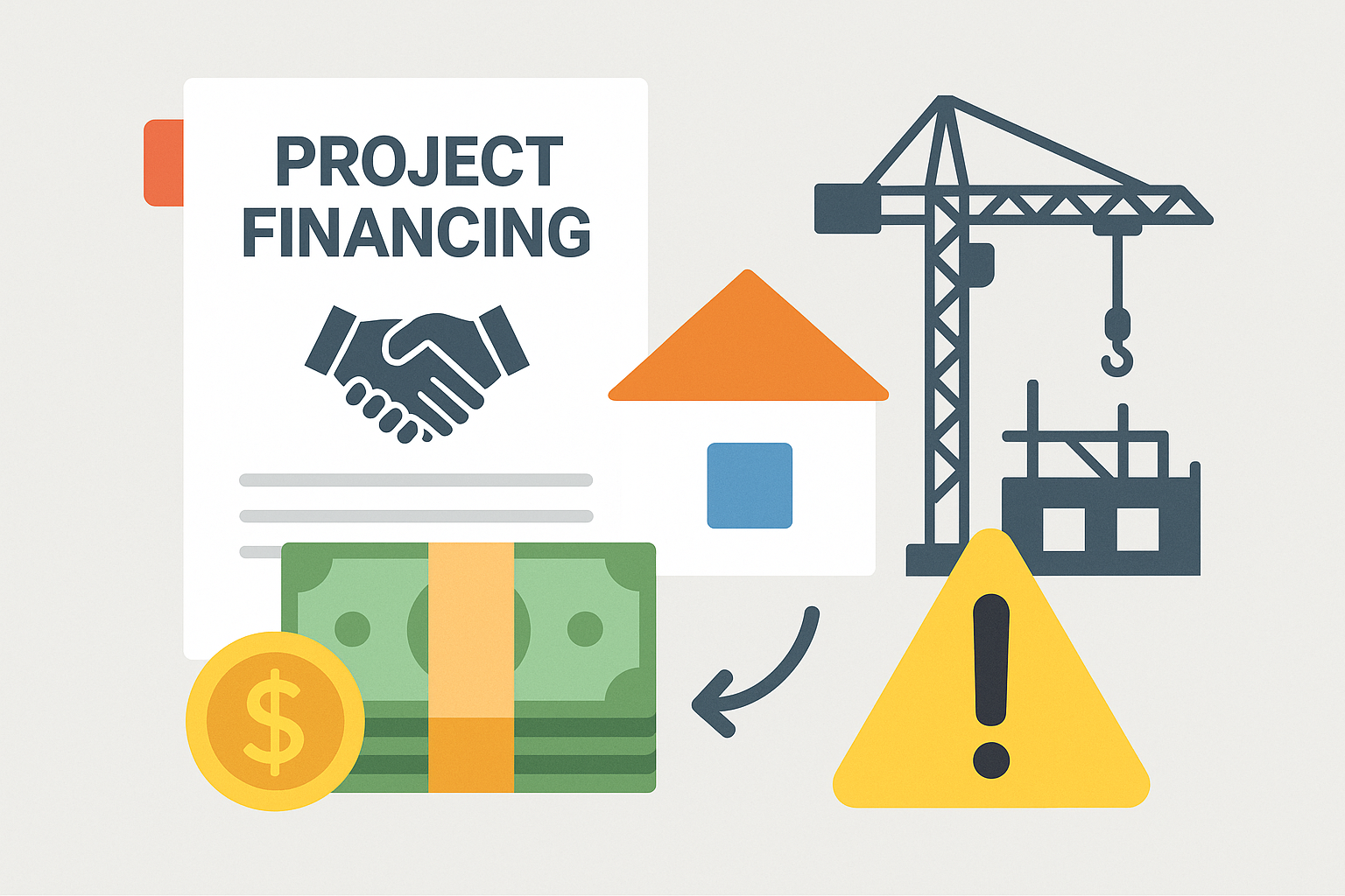 PF대출 연장 실패로 공사가 중단되는 실제 현장 흐름도를 나타낸 일러스트