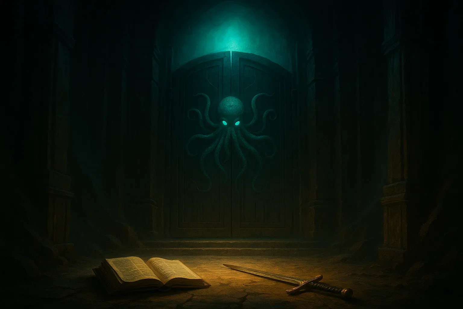 신비로운 고대 문 앞에 놓인 빛나는 눈을 가진 문양, 바닥에 펼쳐진 책과 검이 놓여 있는 어두운 판타지 던전 장면
