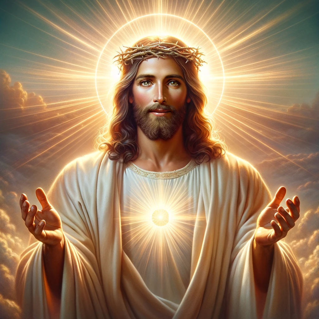 예수님께서 주님과 구세주되심 - Here is the image depicting Jesus Christ in a majestic and radiant manner&#44; symbolizing his divinity and role as the Messiah. The image captures a serene and compassionate expression&#44; with an emphasis on warmth&#44; light&#44; and a sense of hope. If you have any further requests or need adjustments&#44; feel free to let me know!