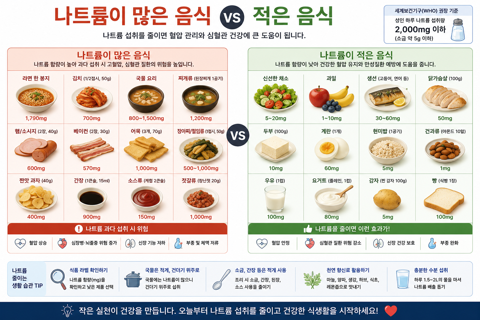 나트륨이 많은 음식 vs 적은 음식 비교