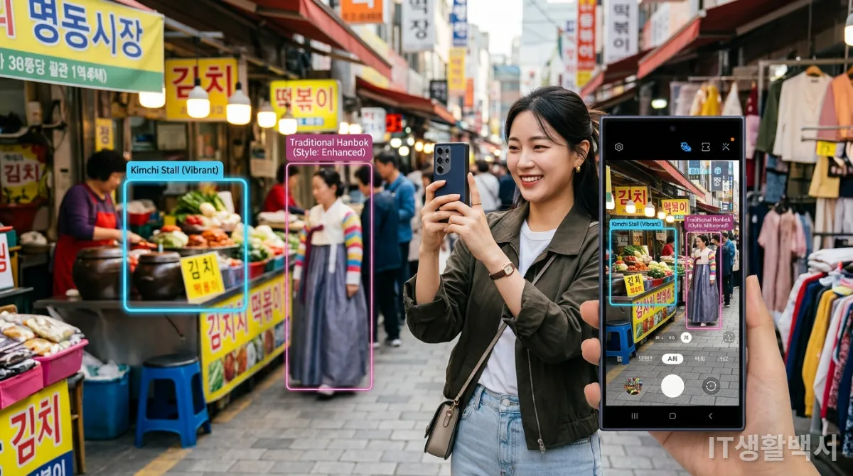 서울 시장에서 스마트폰 AI 카메라로 사진을 찍는 한국 여성