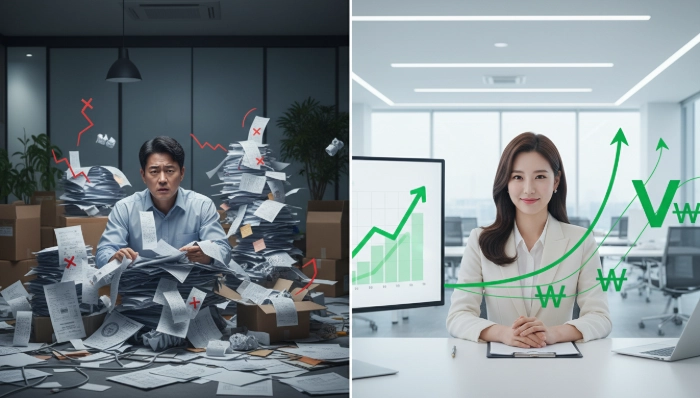 2025년 지원금 정산의 복잡함과 환수 리스크로 혼란스러운 모습(좌)과 성공적인 지원금 관리로 2026년 사업을 준비하는 차분한 모습(우)을 비교하는 한국인 사업가.